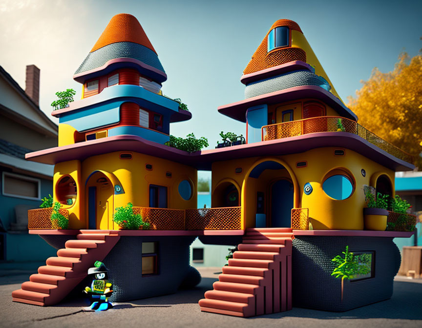 Whimsical colorful houses with cone roofs and round windows, one blue and one orange