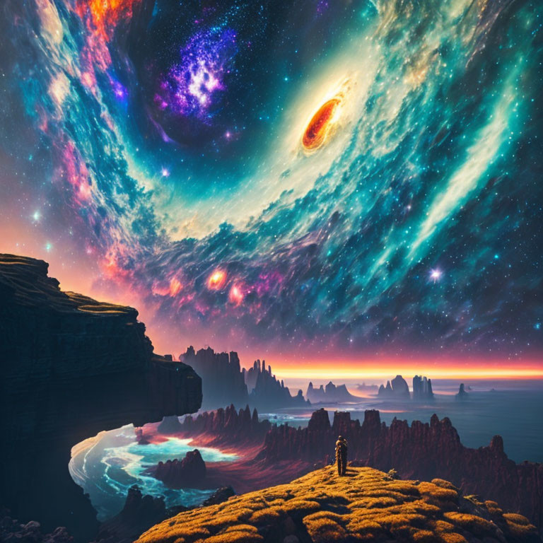 Person on Cliff Overlooking Surreal Galactic Landscape