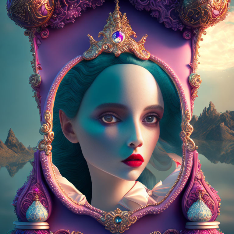 Surreal portrait of woman with blue skin and large eyes in ornate purple chair