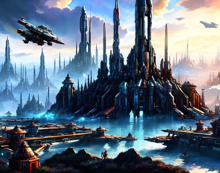 Futuristic cityscape with towering spires and flying craft