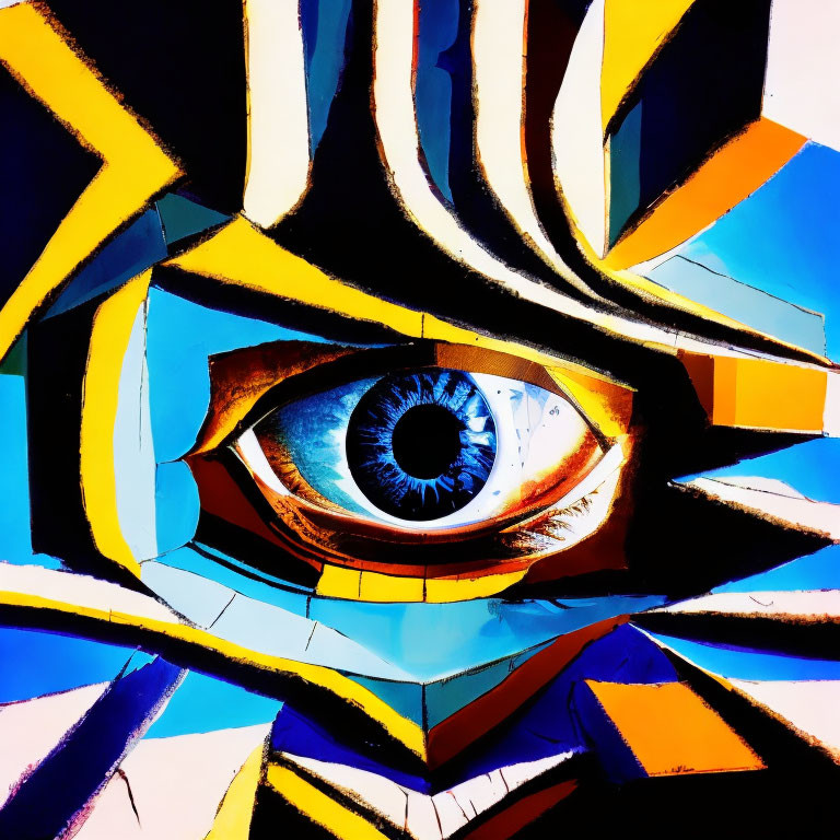 Realistic Blue Eye Mural with Abstract Geometric Shapes