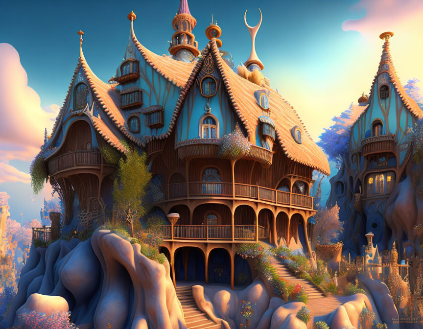 Fantasy wooden houses on rock formations in lush twilight setting