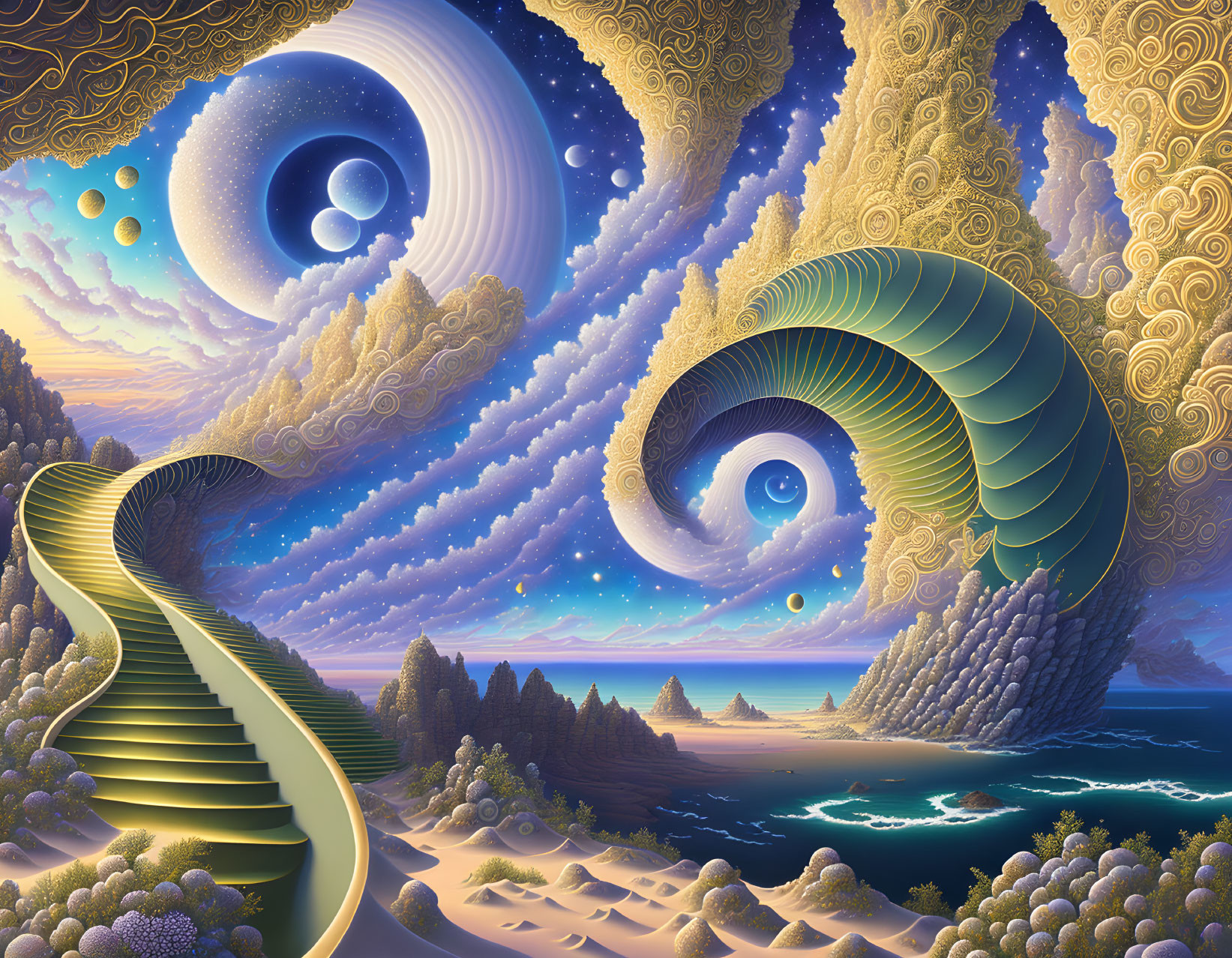Fantastical landscape with swirling clouds, spiral structures, staircases, and celestial bodies
