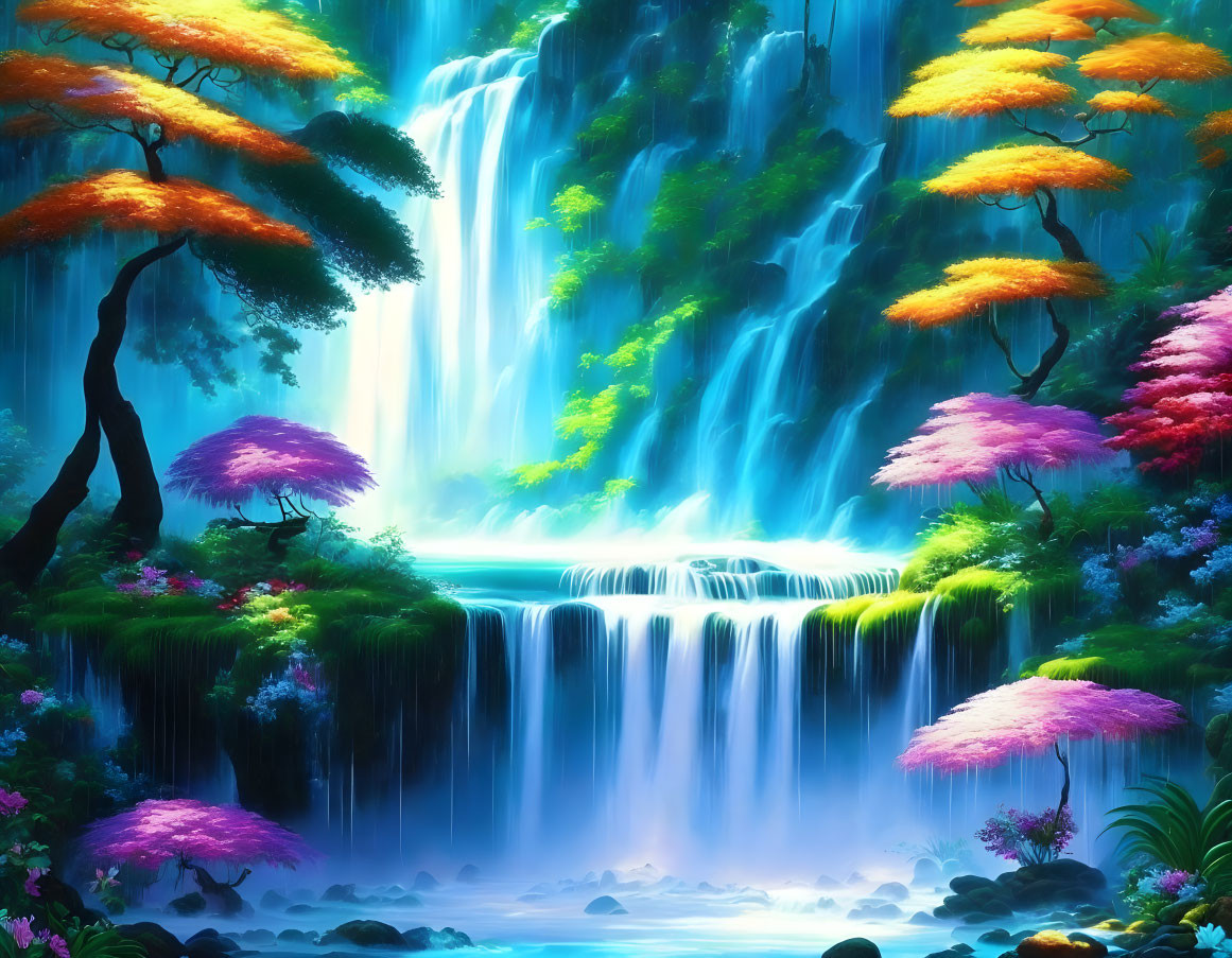 Colorful digital artwork: Mystical waterfall with vibrant foliage and mist