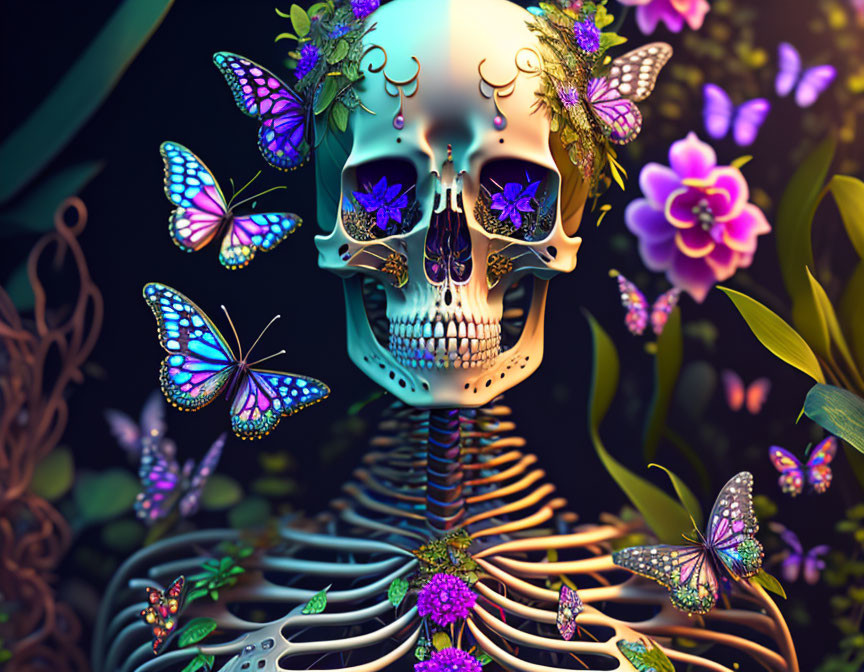 Colorful Flowers and Butterflies on Human Skeleton in Digital Art