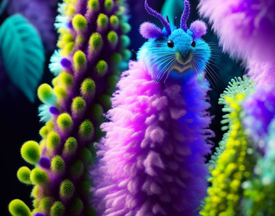 Colorful Fantasy Blue Creature Among Vibrant Plants