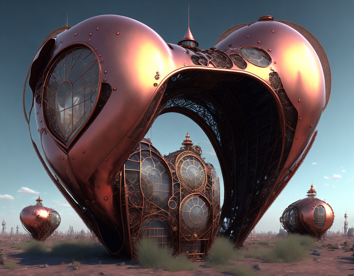 Steampunk-style heart-shaped structure in desert setting