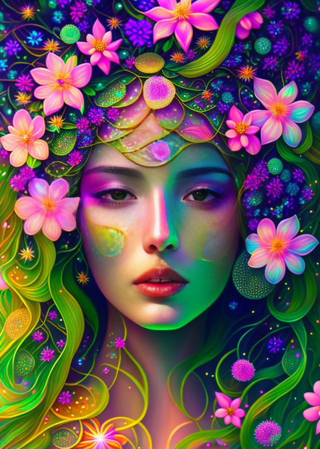 Colorful digital artwork of woman with floral background