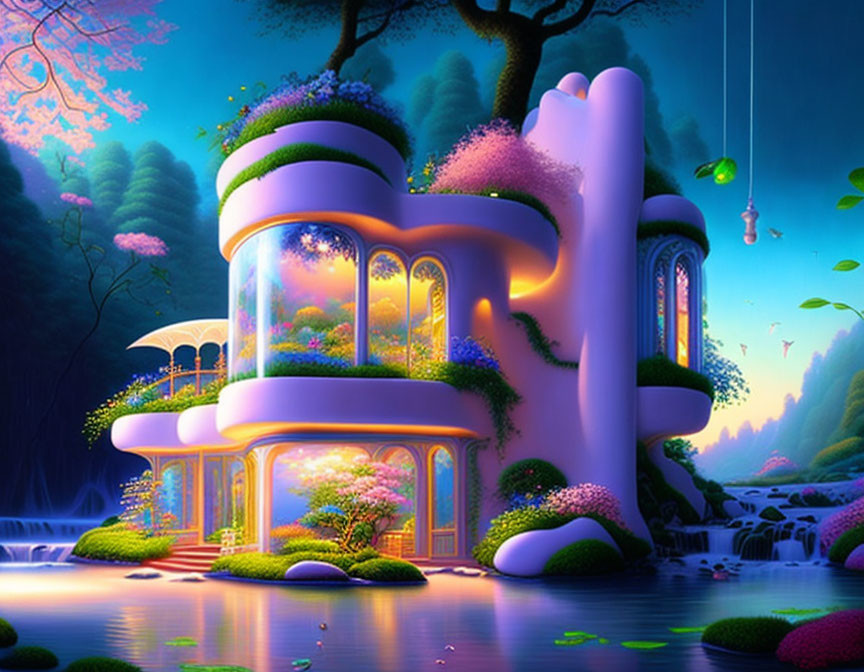 Fantasy landscape with whimsical house and lush flora by serene river