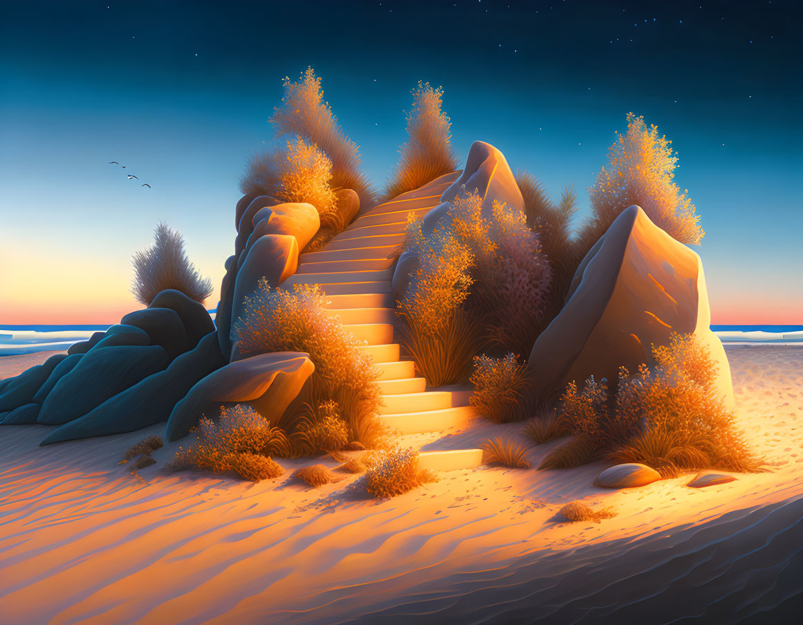 Desert twilight scene: golden sands, stone structures, lush bushes, stairway, starry sky