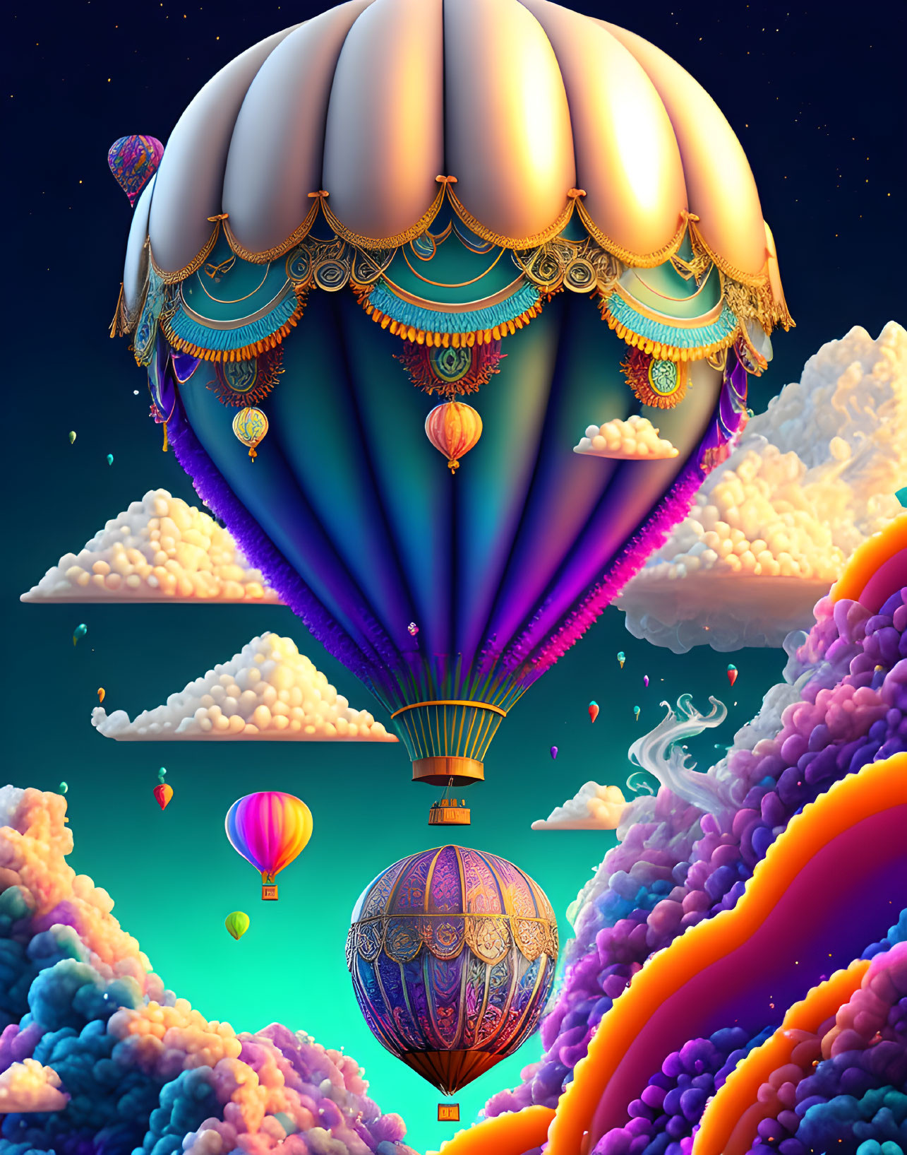 Colorful hot air balloon in vibrant, fantastical sky