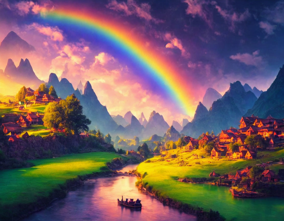 Scenic landscape with rainbow, mountains, river, boat, cottages