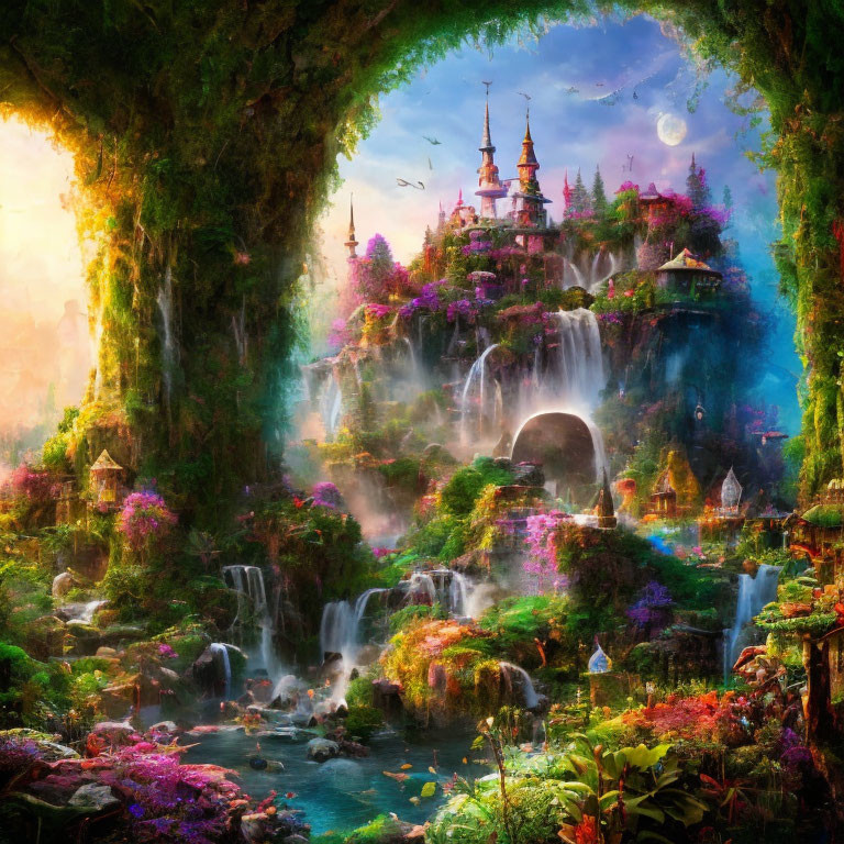 Colorful Fantasy Landscape with Castle, Waterfalls, and Moonlit Sky