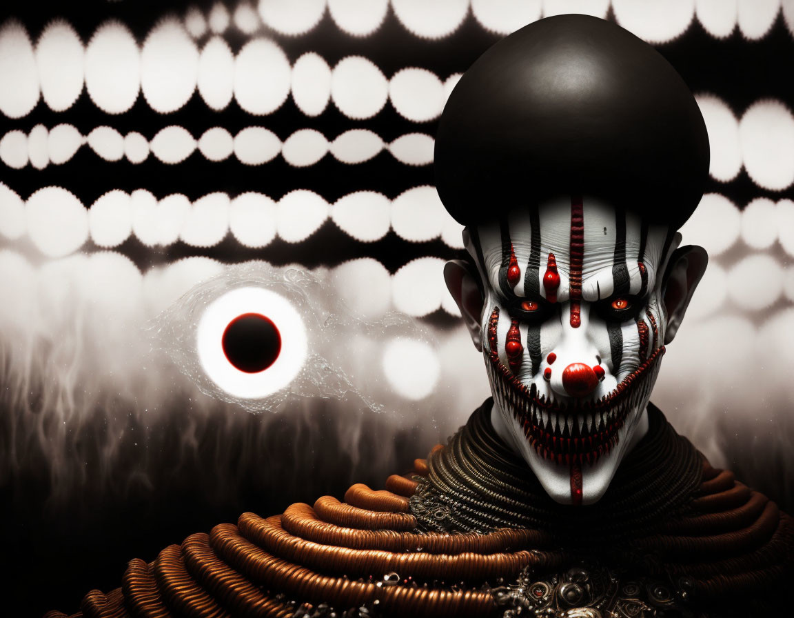 Surreal tribal mask figure with red eyes and intricate neck ornamentation