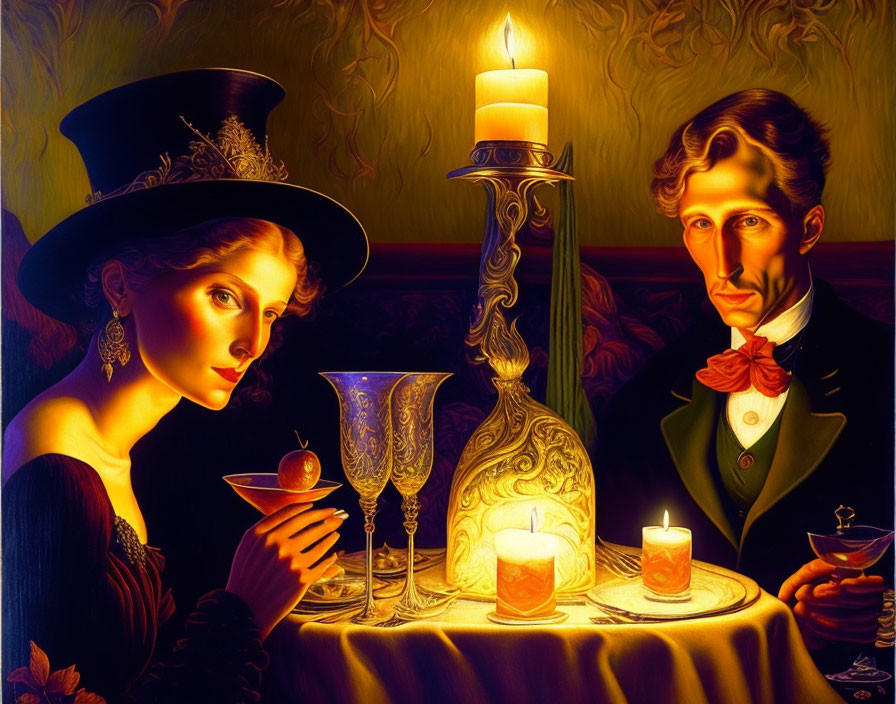 Victorian-style painting of elegantly dressed couple at candlelit table