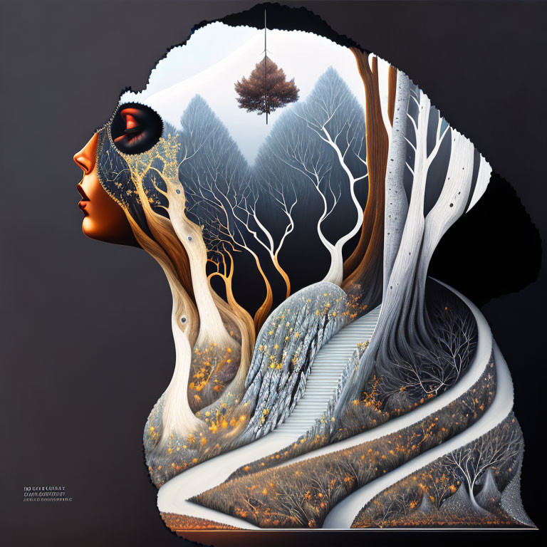 Woman's profile merged with surreal landscape of trees and golden leaves