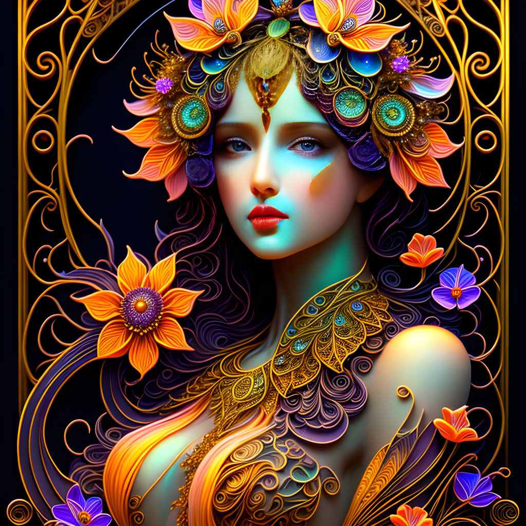 Digital Artwork: Woman with Golden Floral Ornaments in Noir Floral Frame