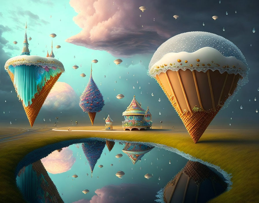 Fantastical landscape with floating ice cream cone structures over mirrored water surface under cloudy sky with raindrops