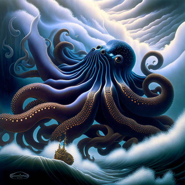 Giant octopus with lantern in stormy ocean scene