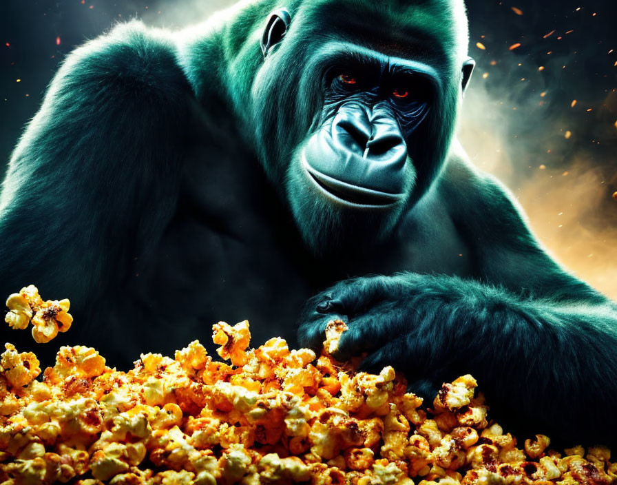 Gorilla surrounded by exploding popcorn on fiery orange background