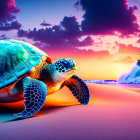 Colorful digital artwork: sea turtle on neon beach with sunset sky