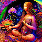 Colorful Psychedelic Illustration of Woman with Golden Skin and Lotus Flowers