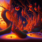 Fantastical landscape with fiery trees, radiant sun, and glowing river.