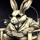 Anthropomorphic rabbit in suit with sunglasses and microphone.