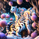 Colorful digital artwork: fantastical cat in neon cosmic landscape