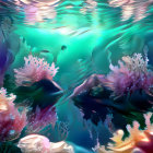 Surreal underwater landscape with pink coral formations and floating orbs