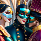 Three individuals wearing ornate Venetian masks and regal costumes at a colorful carnival.