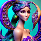 Fantastical female figure with peacock feather-inspired hair in vibrant turquoise and purple hues