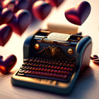 Vintage Typewriter with Paper and Floating Hearts on Blurred Background