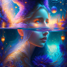 Fantasy Artwork: Woman's Face Submerged in Water with Celestial and Underwater Elements