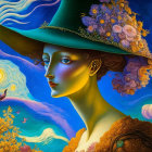 Surrealist painting: Woman's profile with tree hair in night sky