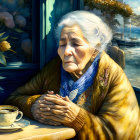 Elderly woman with white hair contemplating by table with tea cups near coastal landscape