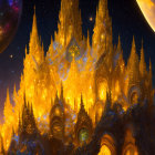 Golden castle with spires in cosmic starry sky