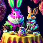 Colorful Anthropomorphic Rabbits in Fancy Attire at Tea Party Table