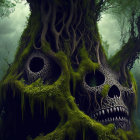 Giant skull integrated into ancient tree in misty forest with moss, vines, and blue flowers