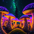 Colorful digital artwork: Luminescent mushrooms in blue and orange under a starry sky