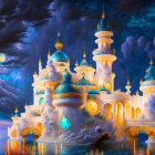 Turquoise domed fairytale castle under twilight sky and stars