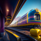 Futuristic purple and yellow accented train at modern station.