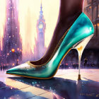 Colorful high-heeled shoe illustration dominates cityscape with classic car and clock tower.