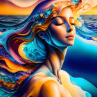 Colorful surreal portrait of woman with flowing hair and ocean imagery on sunset backdrop