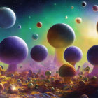 Fantasy alien landscape with mushroom-like structures in colorful space