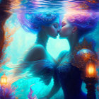 Ethereal figures in ornate attire share a kiss underwater surrounded by glowing lanterns and vibrant blue