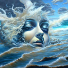 Surreal illustration: Woman's face merges with ocean waves