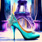 Teal high-heeled shoe with gold and feather details against Eiffel Tower backdrop