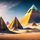 Ancient Egyptian-themed pyramids and futuristic structures under a starry sky in a desert landscape