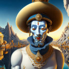 Surreal artwork: Blue-skinned figure with golden jewelry and wide brim hat in fantastical